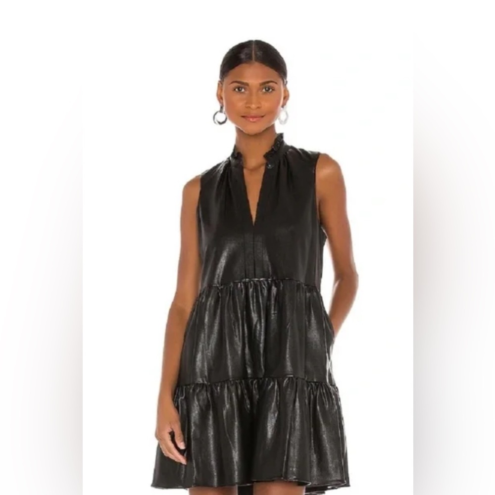 Amanda Uprichard Black Sleeveless Tiered Faux Leather Dress